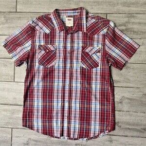Levis Western Shirt Mens 2XL Pearl Snap Short Sleeve Standard Fit Black Plaid